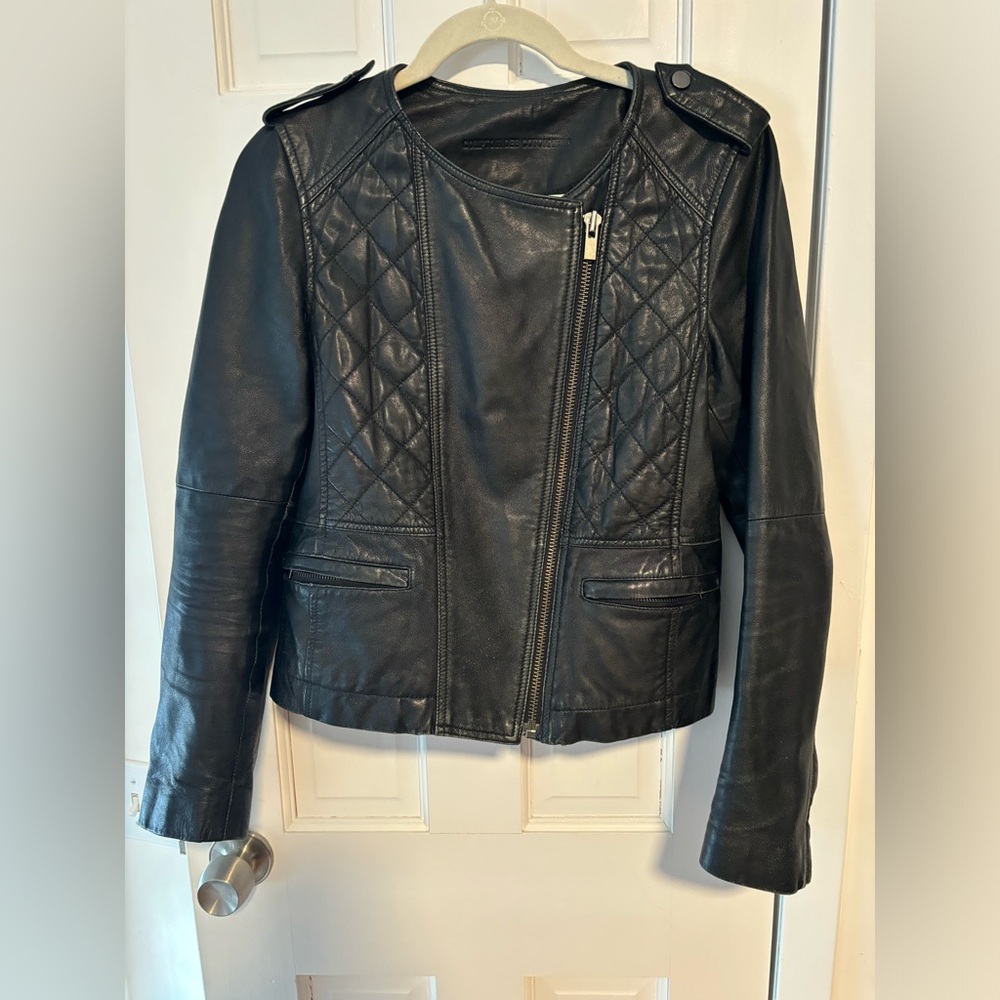 Comptoir de Cotonniers leather moto jacket with zip sleeves LARGE.